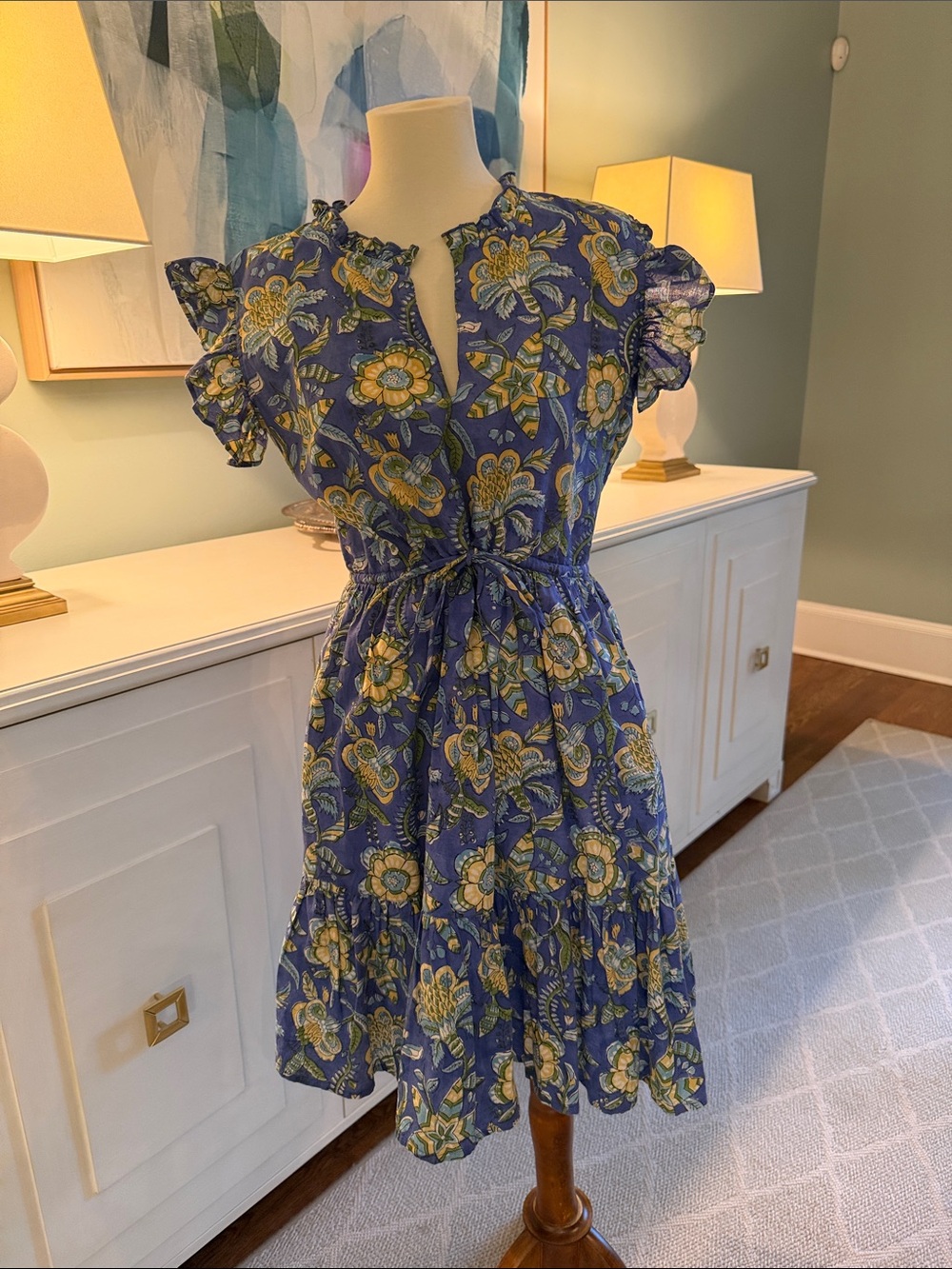 Madison Mathews Floral Ruffle Tie-Waist Dress in Blue